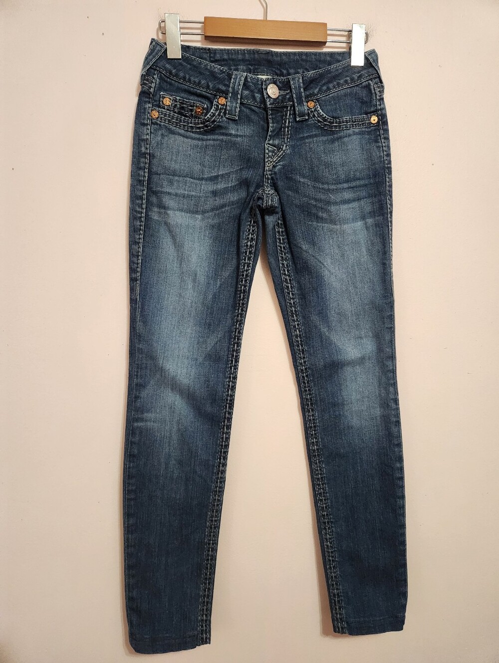 True Religion Y2K McBling Low Rise Skinny Jeans Dark Wash Contrast Stitch Sz 25